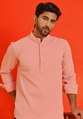 Peach Embroidered Poly Blend Kurta For Men