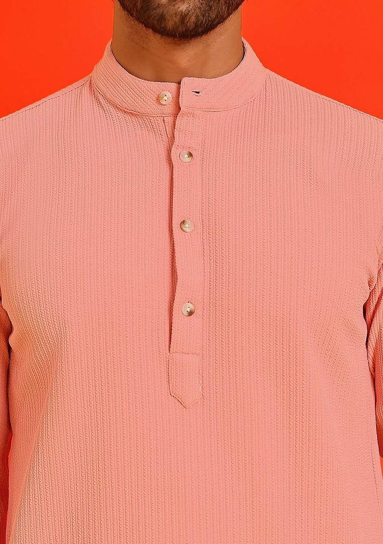Peach Embroidered Poly Blend Kurta For Men