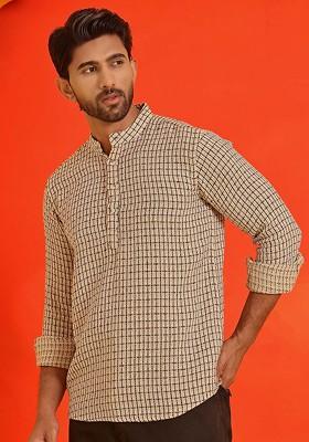 Beige Embroidered Poly Blend Kurta For Men