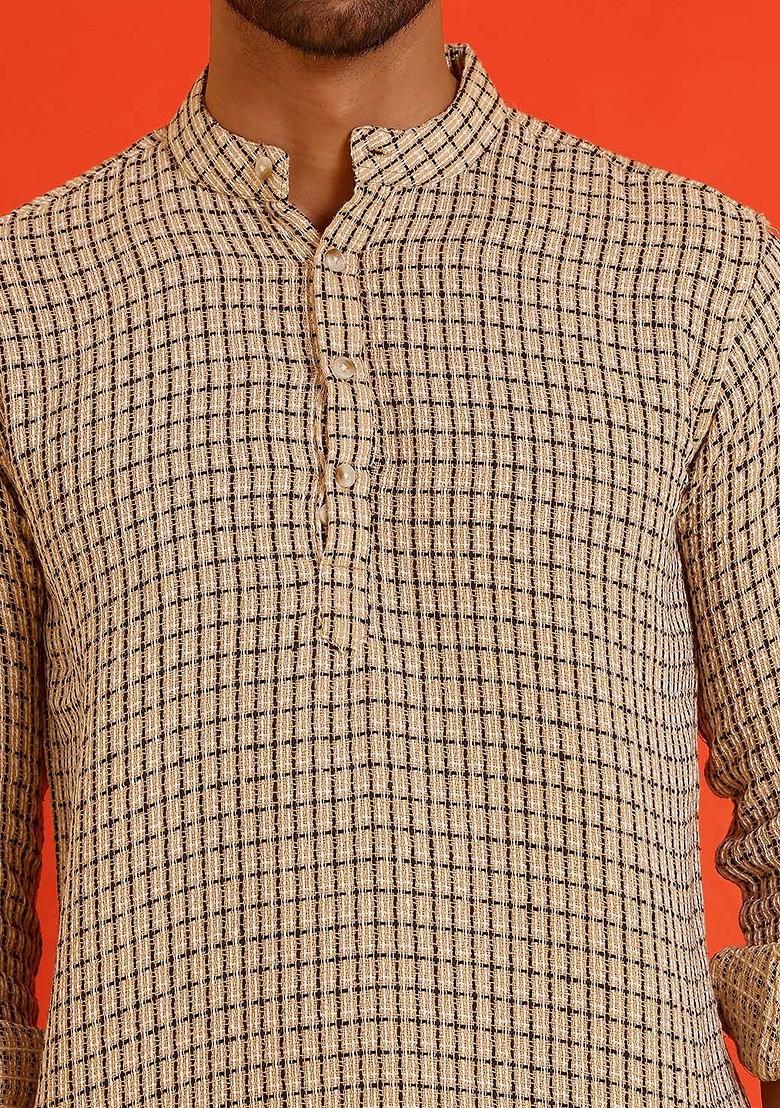 Beige Embroidered Poly Blend Kurta For Men