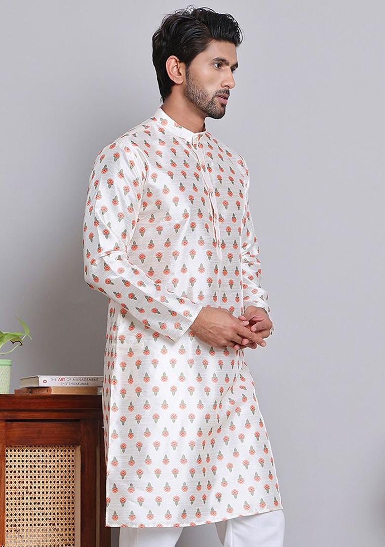 Cream Printed Poly Blend Kurta For Men