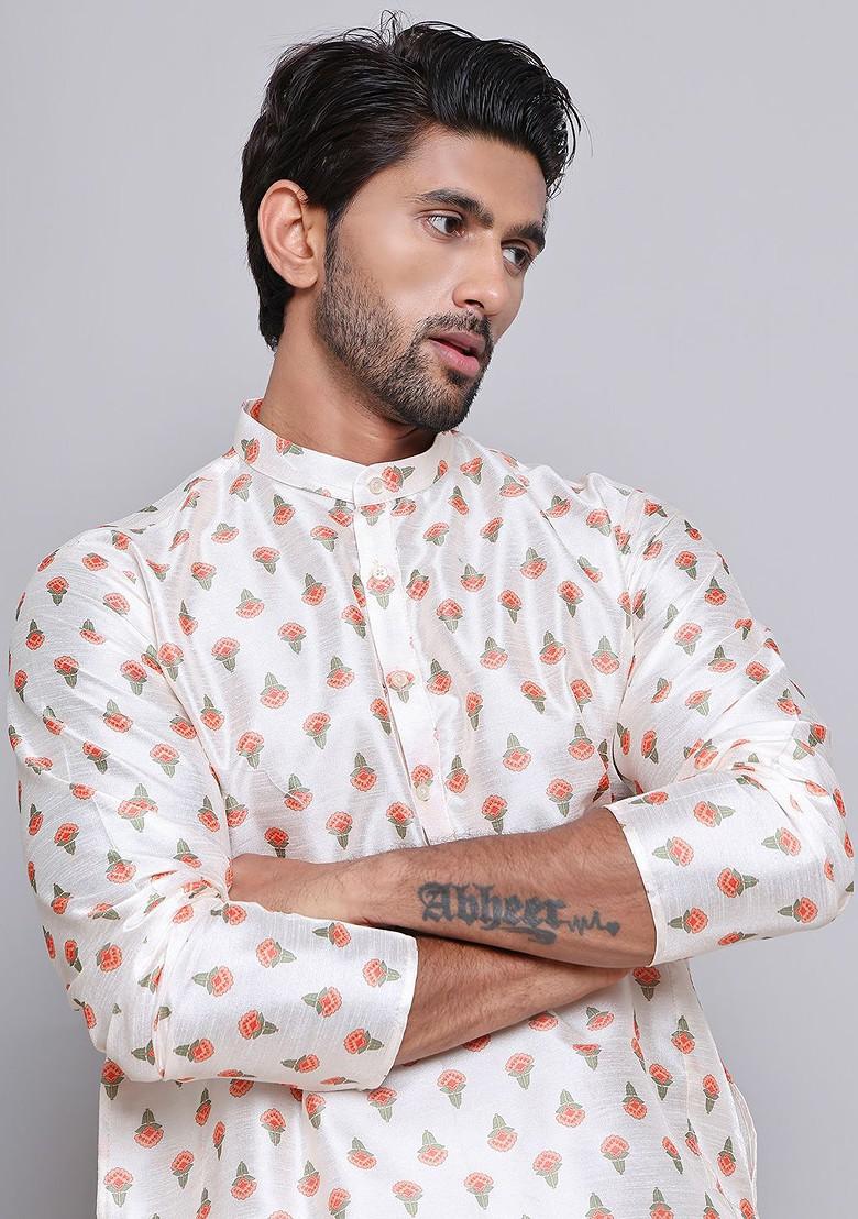 Cream Printed Poly Blend Kurta For Men