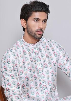 White Printed Poly Blend Kurta For Men