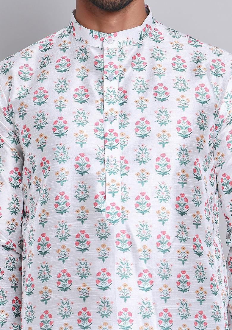 White Printed Poly Blend Kurta For Men