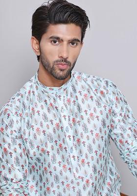 Turquoise Blue Printed Poly Blend Kurta For Men