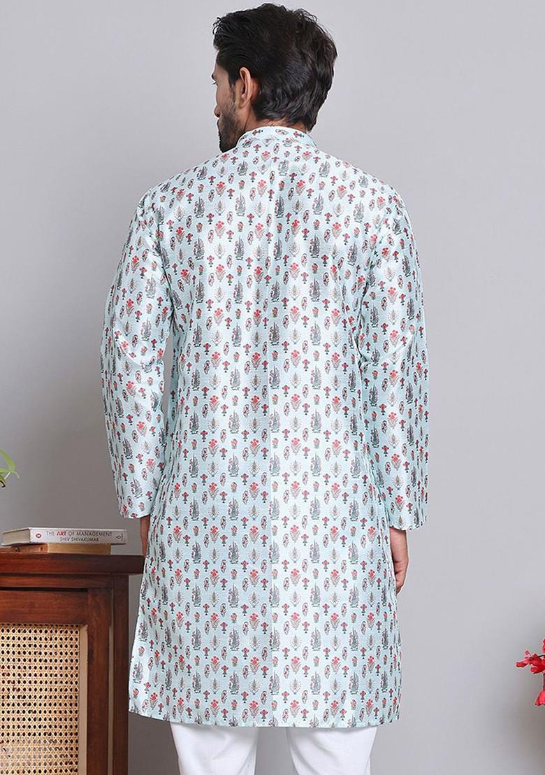 Turquoise Blue Printed Poly Blend Kurta For Men