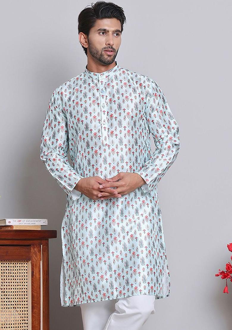 Turquoise Blue Printed Poly Blend Kurta For Men