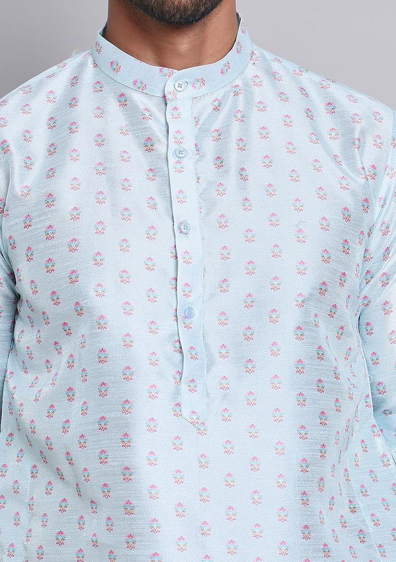 Turquoise Blue Printed Poly Blend Kurta For Men