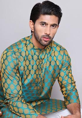 Green Woven Design Poly Blend Kurta For Men