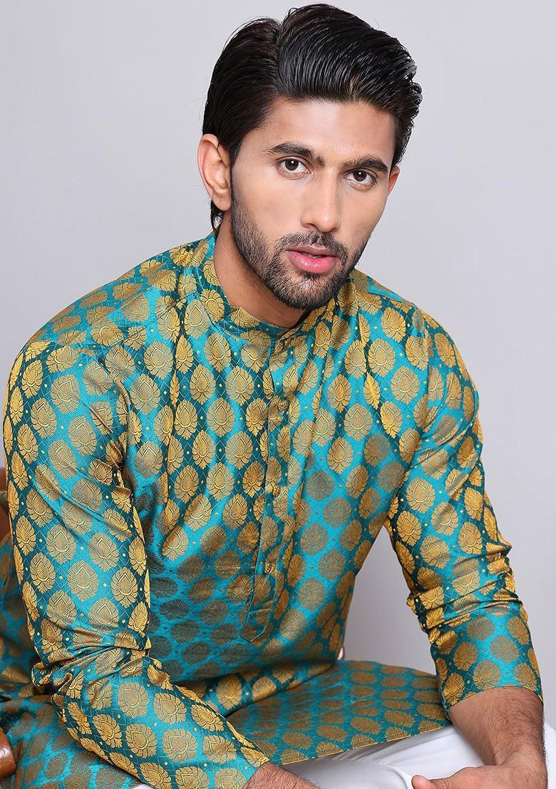 Green Woven Design Poly Blend Kurta For Men