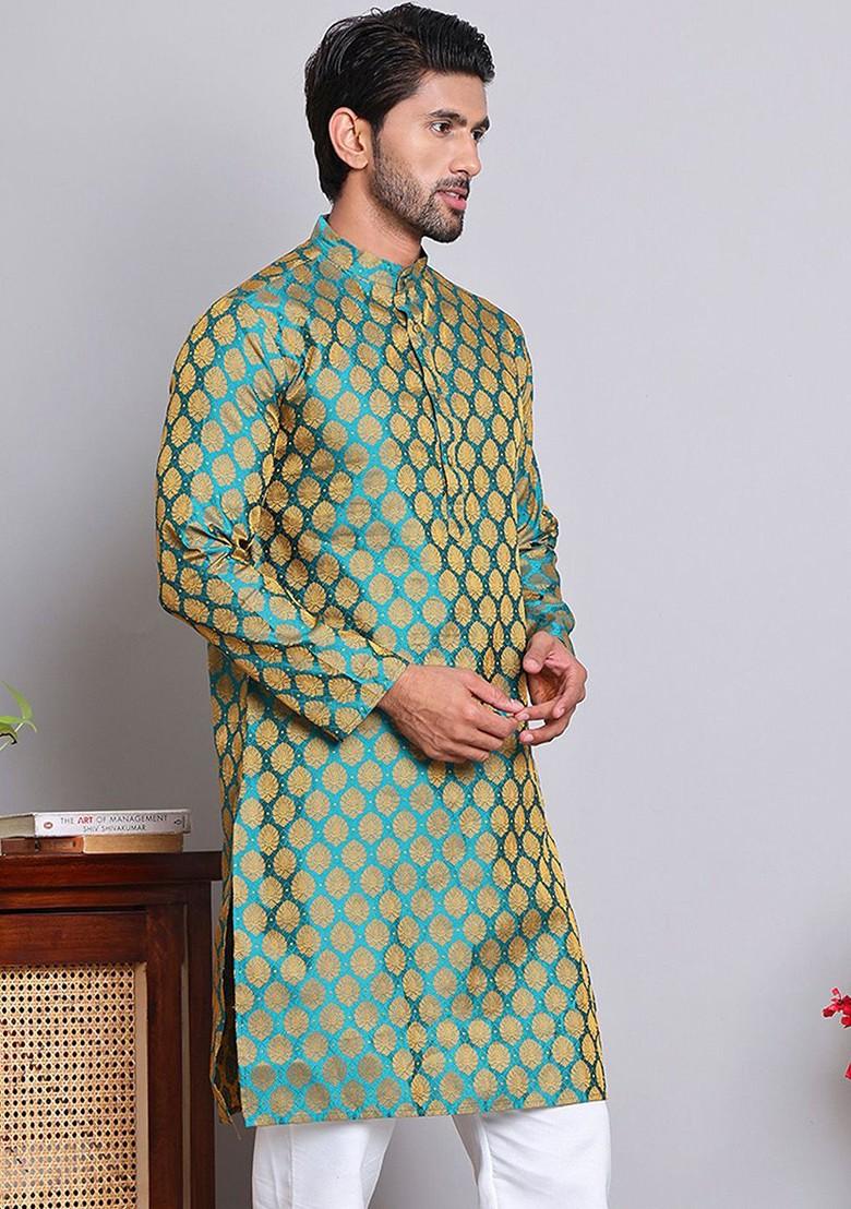 Green Woven Design Poly Blend Kurta For Men
