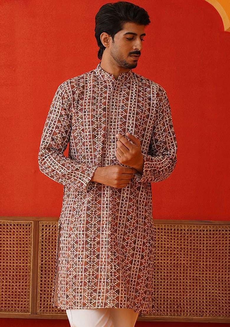 Brown Embroidered Poly Blend Kurta For Men - Indya