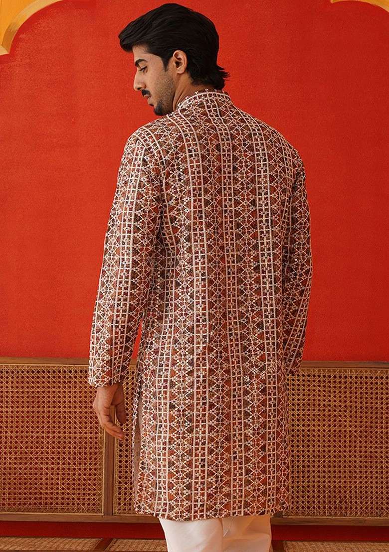 Brown Embroidered Poly Blend Kurta For Men - Indya