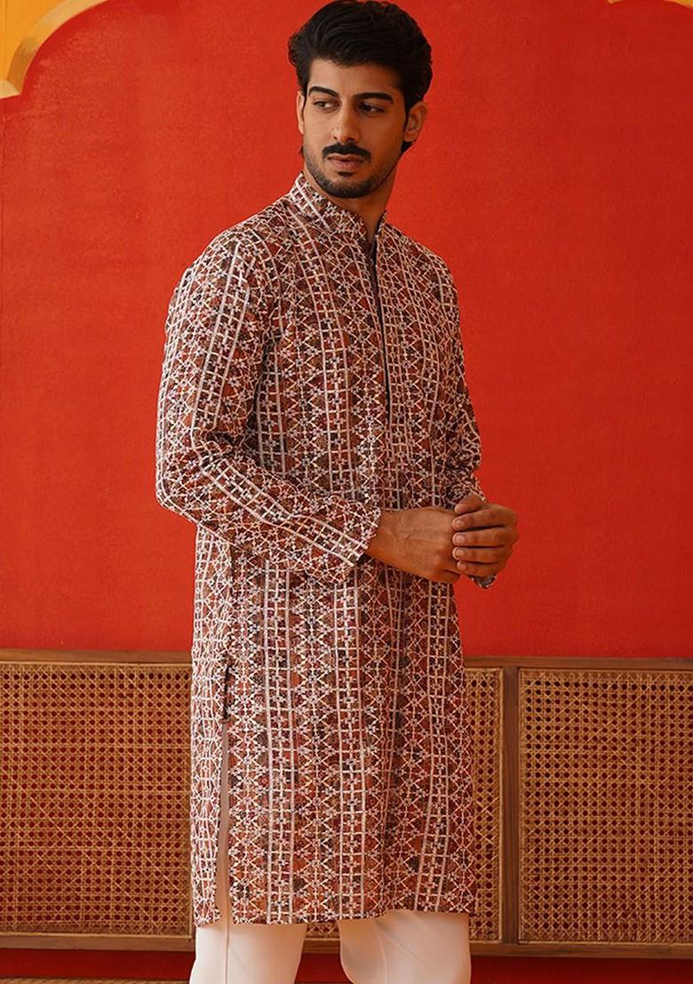 Brown Embroidered Poly Blend Kurta For Men