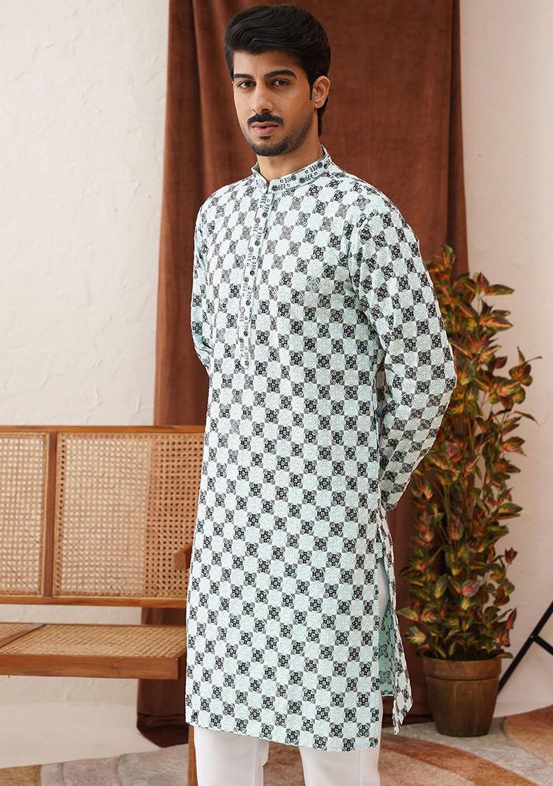 Turquoise Blue Embroidered Poly Blend Kurta For Men
