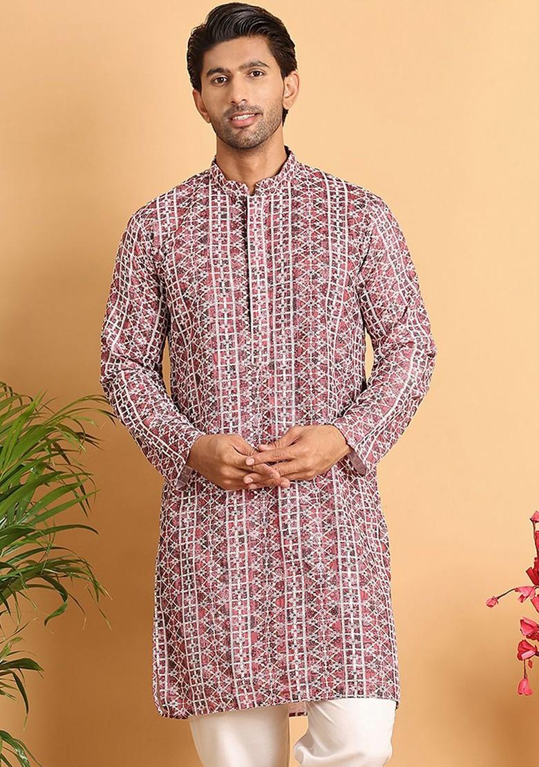 Maroon Embroidered Poly Blend Kurta For Men