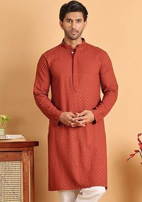 Rust Brown Embroidered Poly Blend Kurta For Men