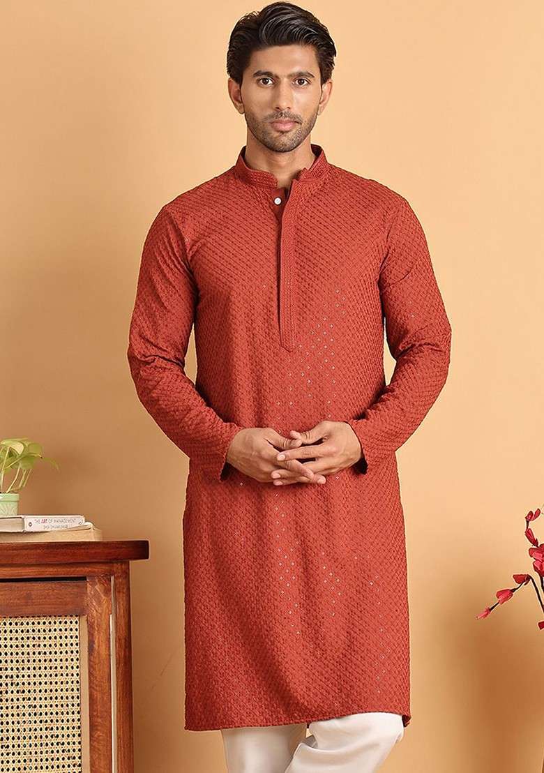 Rust Brown Embroidered Poly Blend Kurta For Men - Indya
