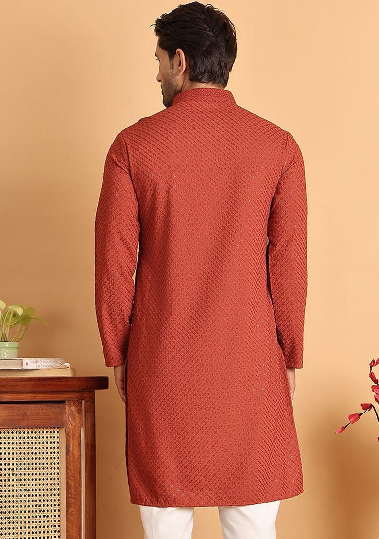 Rust Brown Embroidered Poly Blend Kurta For Men