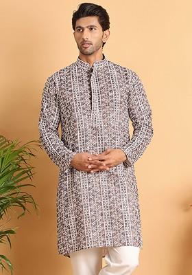 Coffee Brown Embroidered Poly Blend Kurta For Men