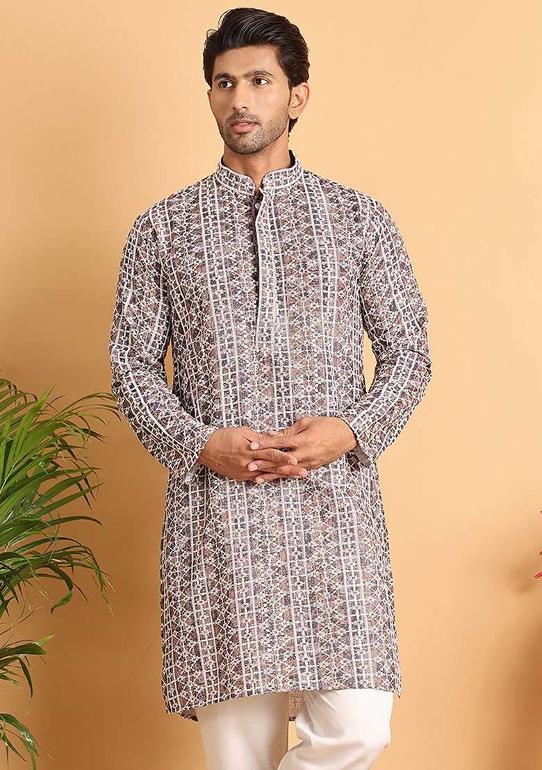 Coffee Brown Embroidered Poly Blend Kurta For Men - Indya