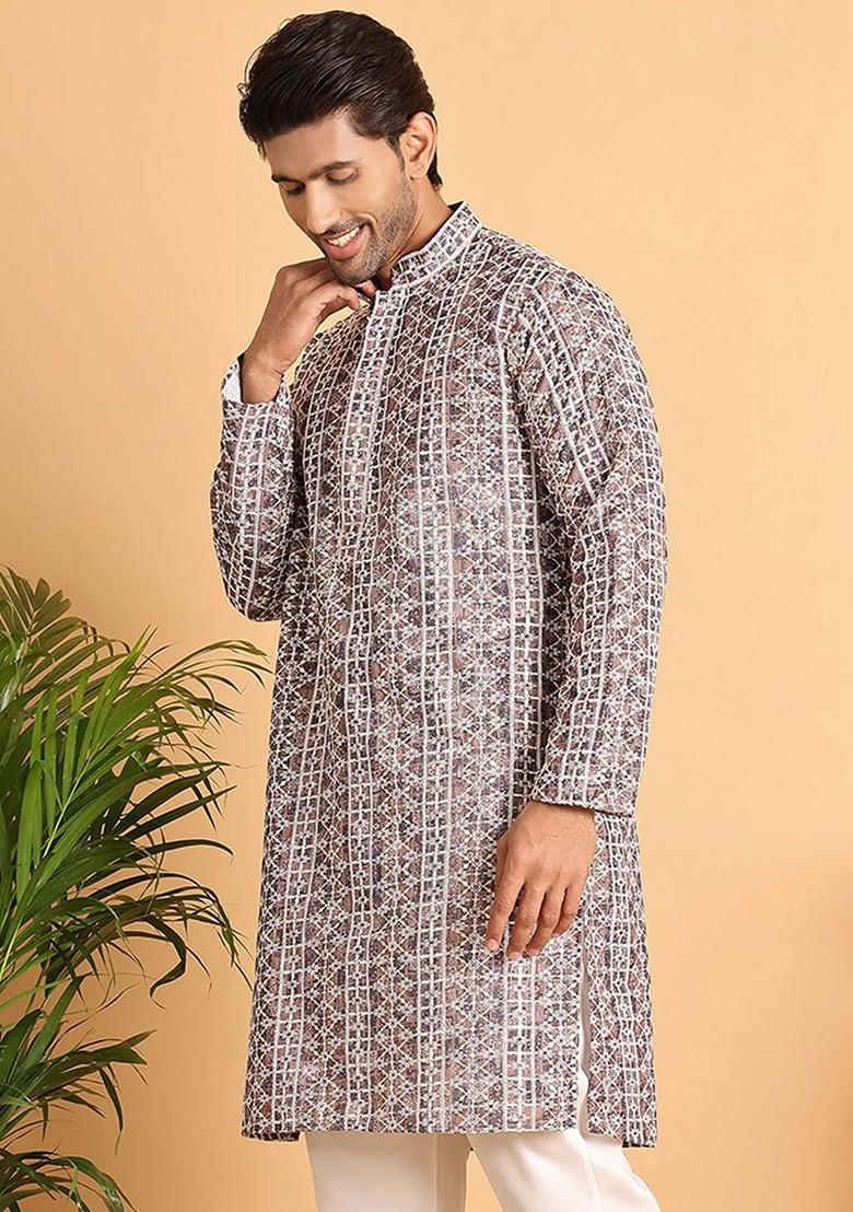 Coffee Brown Embroidered Poly Blend Kurta For Men