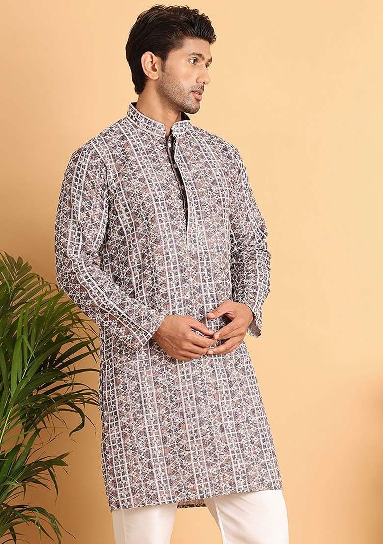 Coffee Brown Embroidered Poly Blend Kurta For Men - Indya