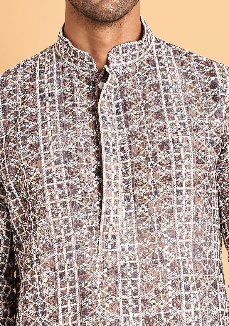 Coffee Brown Embroidered Poly Blend Kurta For Men