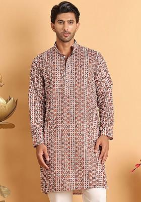 Brown Embroidered Poly Blend Kurta For Men