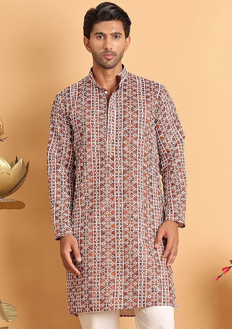 Brown Embroidered Poly Blend Kurta For Men