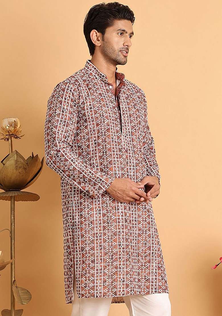 Brown Embroidered Poly Blend Kurta For Men - Indya