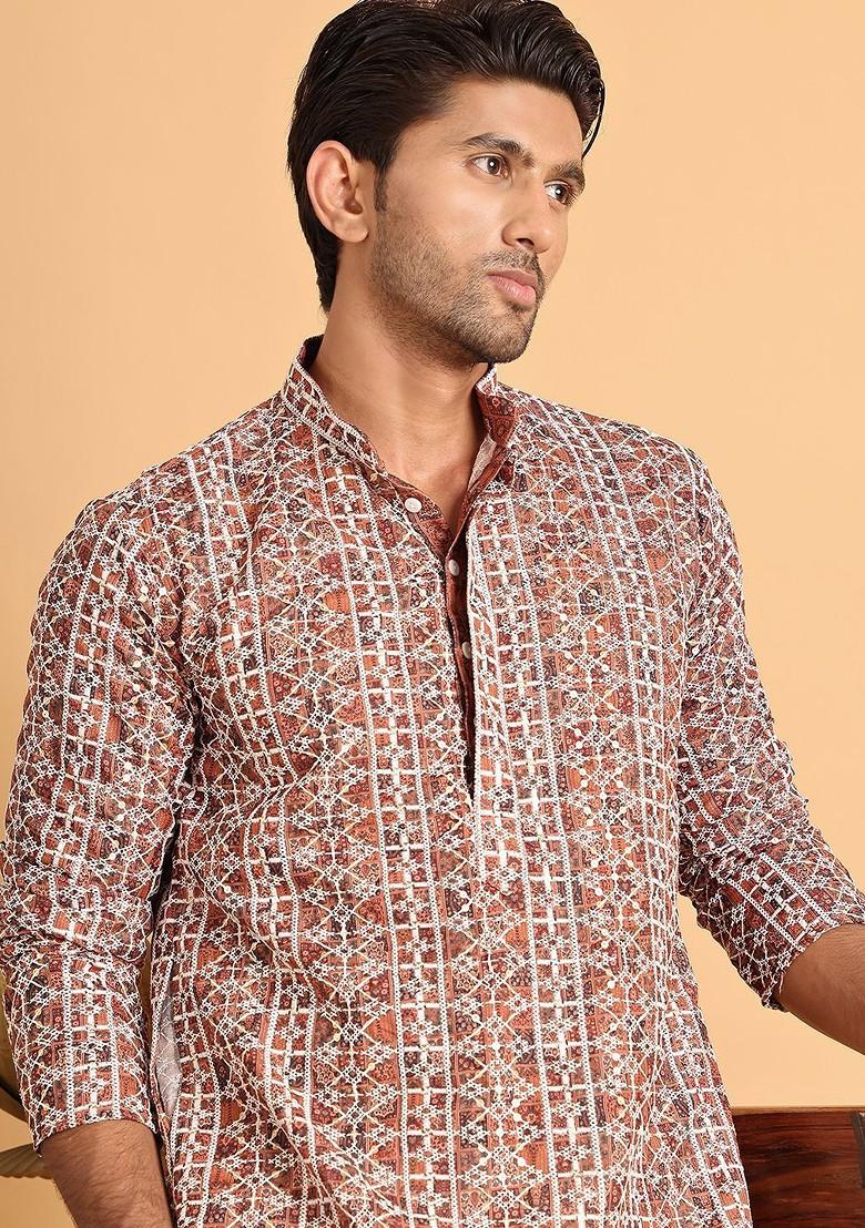 Brown Embroidered Poly Blend Kurta For Men