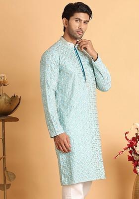 Turquoise Blue Embroidered Poly Blend Kurta For Men