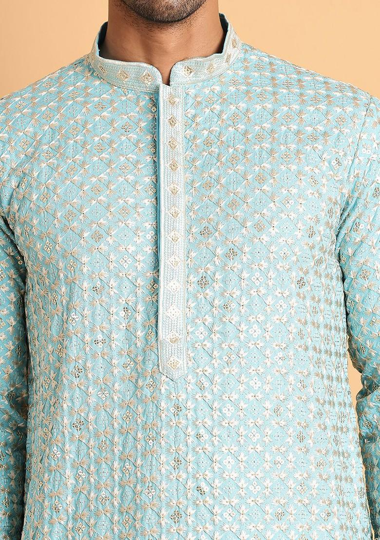 Turquoise Blue Embroidered Poly Blend Kurta For Men