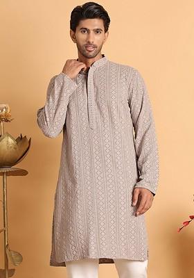 Beige Embroidered Poly Blend Kurta For Men