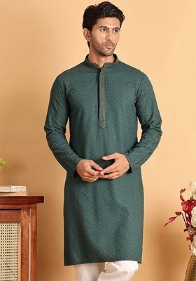 Sea Green Embroidered Poly Blend Kurta For Men