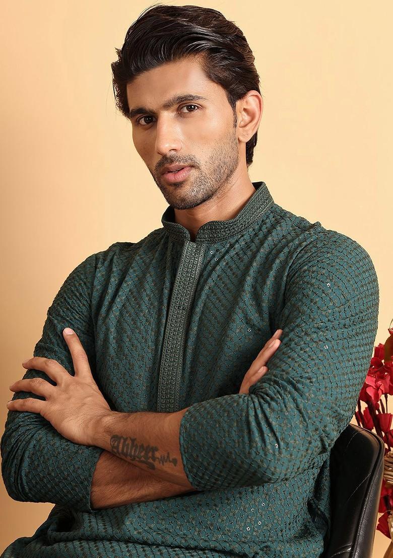 Sea Green Embroidered Poly Blend Kurta For Men