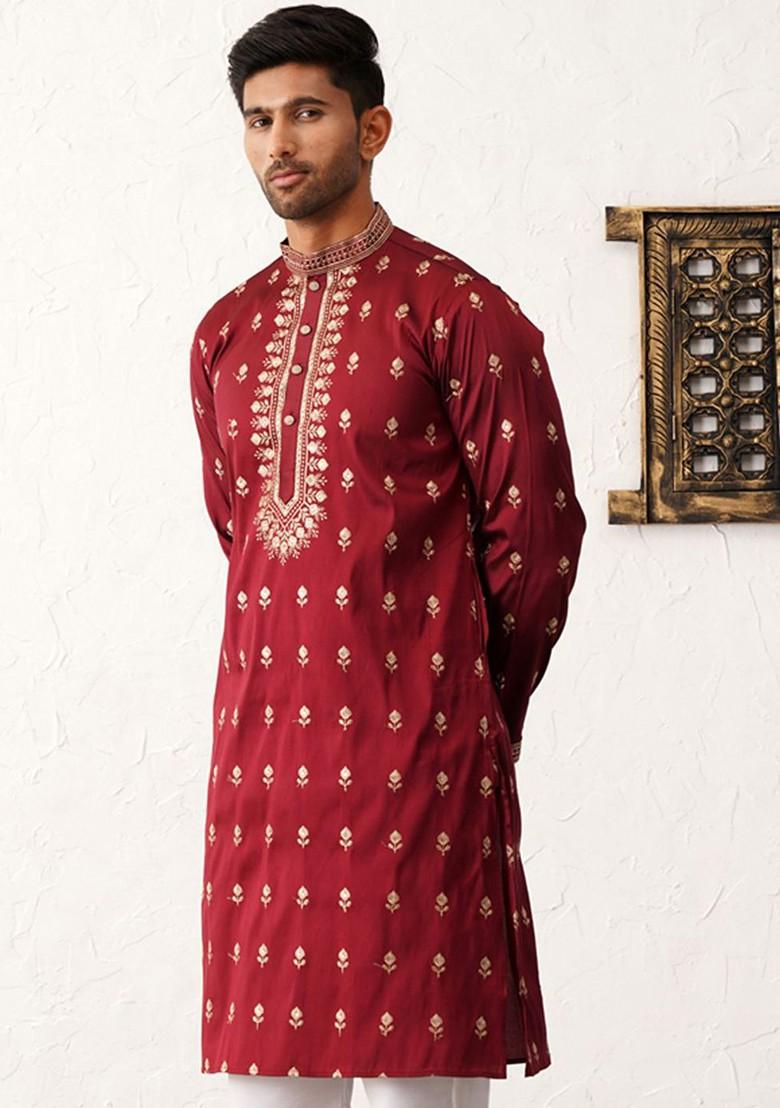 Maroon Embroidered Poly Blend Kurta For Men