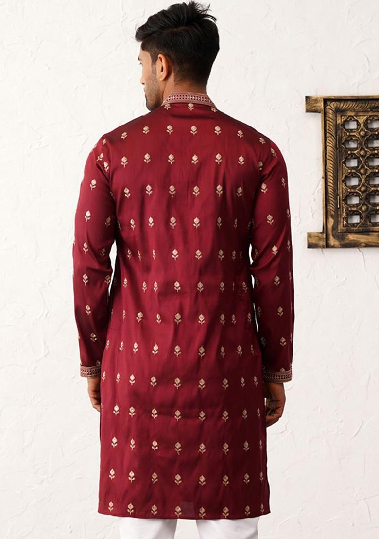 Maroon Embroidered Poly Blend Kurta For Men