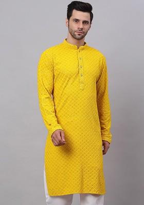 Yellow Ethnic Motif Poly Blend Kurta For Men
