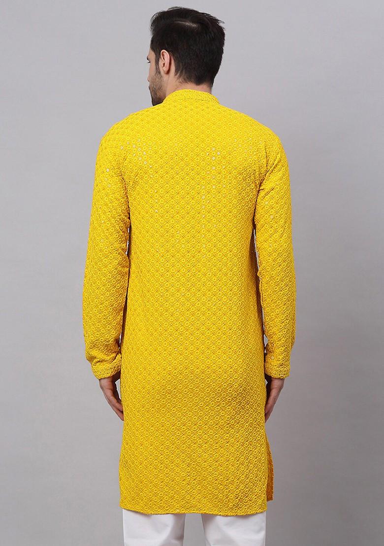 Yellow Ethnic Motif Poly Blend Kurta For Men