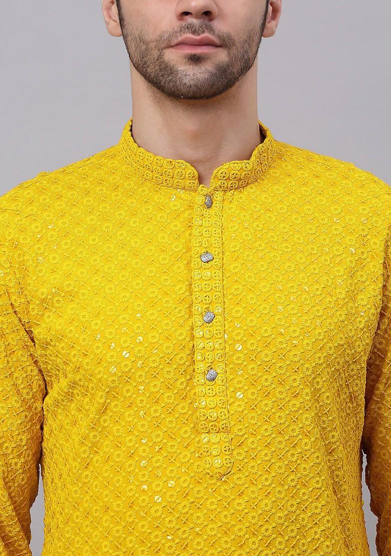 Yellow Ethnic Motif Poly Blend Kurta For Men
