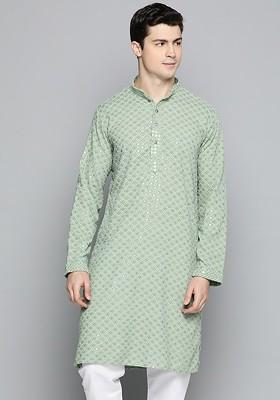 Green Embroidered Poly Blend Kurta For Men