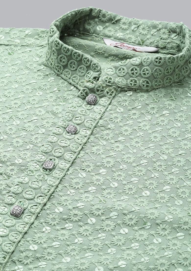 Green Embroidered Poly Blend Kurta For Men