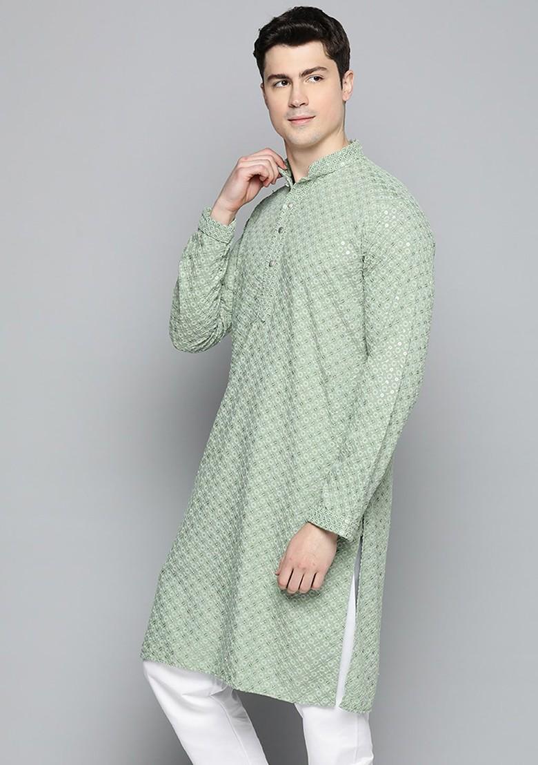 Green Embroidered Poly Blend Kurta For Men