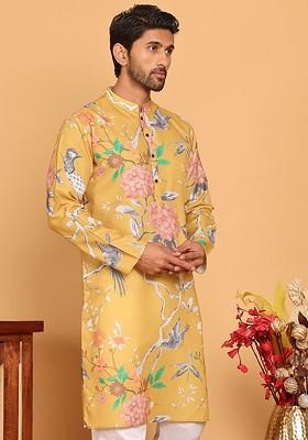 Mustard Yellow Printed Poly Blend Kurta For Men