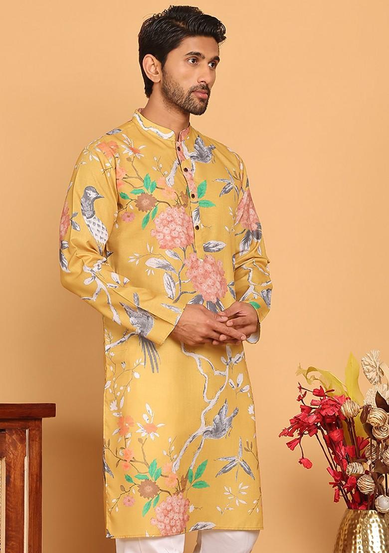 Mustard Yellow Printed Poly Blend Kurta For Men