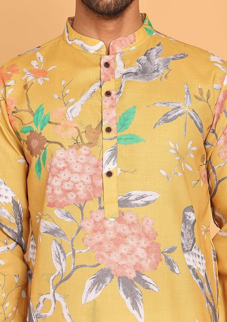 Mustard Yellow Printed Poly Blend Kurta For Men