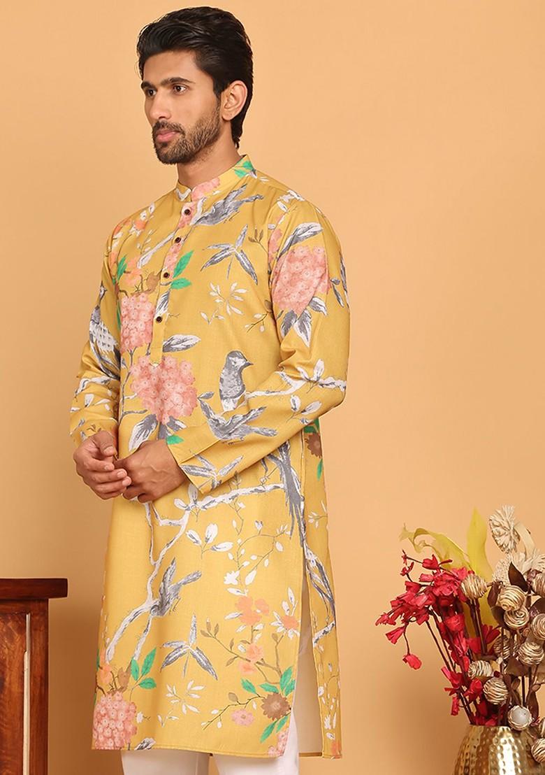 Mustard Yellow Printed Poly Blend Kurta For Men