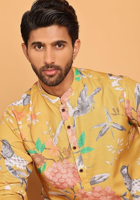Mustard Yellow Printed Poly Blend Kurta For Men